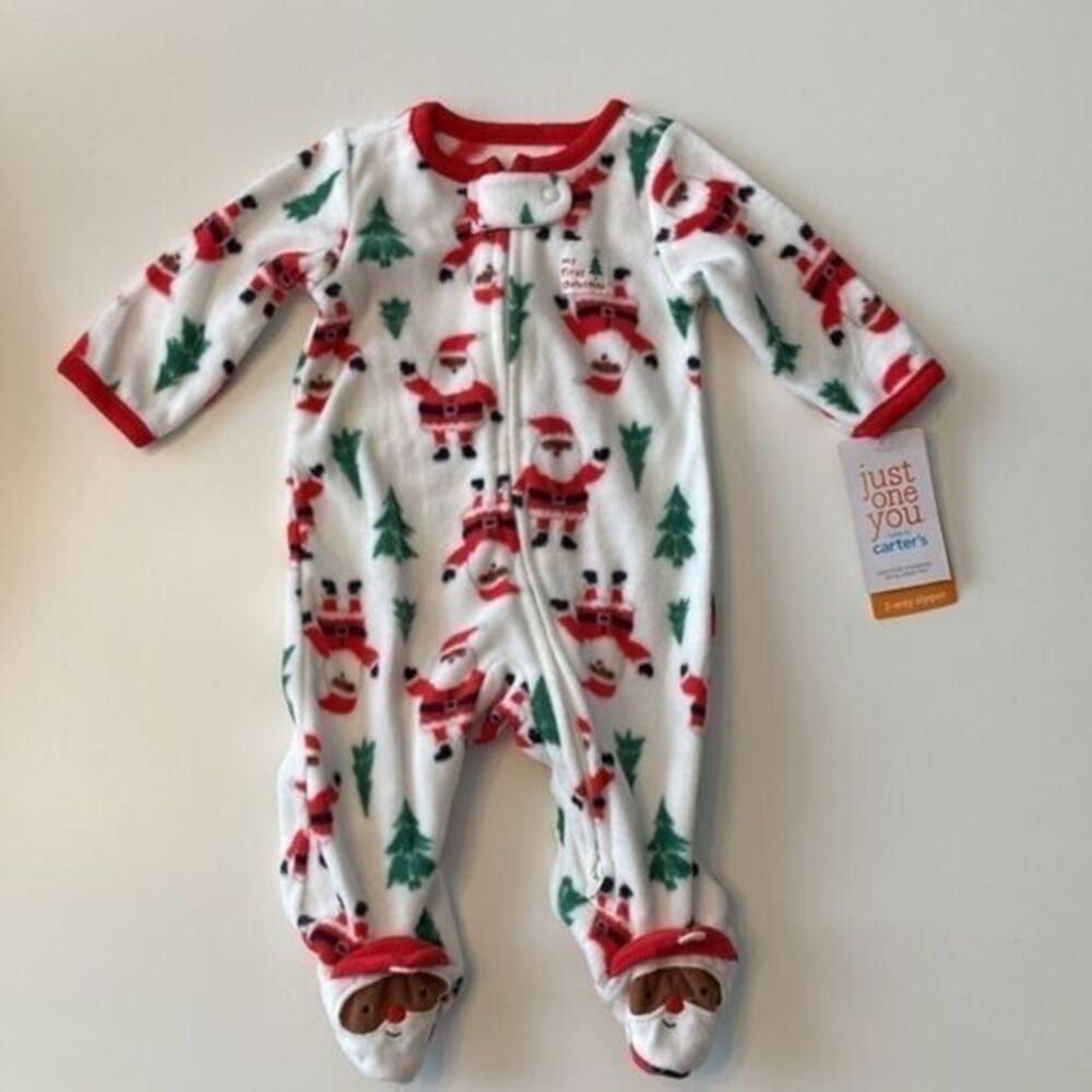 Baby’s First Christmas Newborn Santa footed Sleeper 2-way zip NWT infant baby pj
